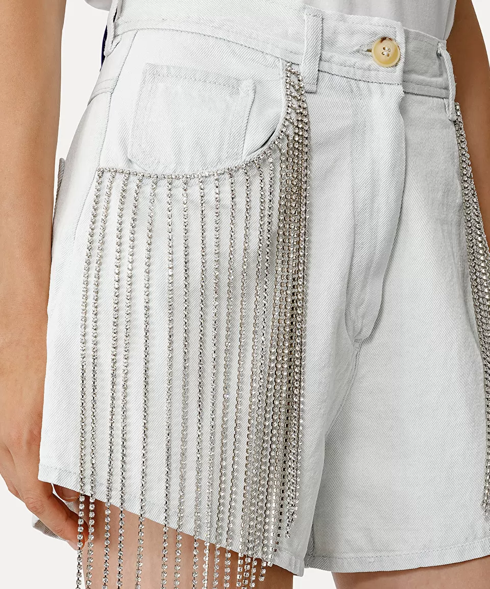 Bleached Denim Shorts with Diamond Fringe - Image 3