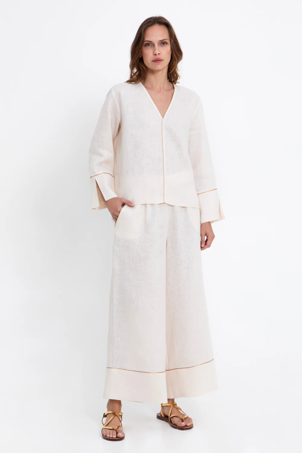 Blouse L-S Wick V Neck Cream-Gold