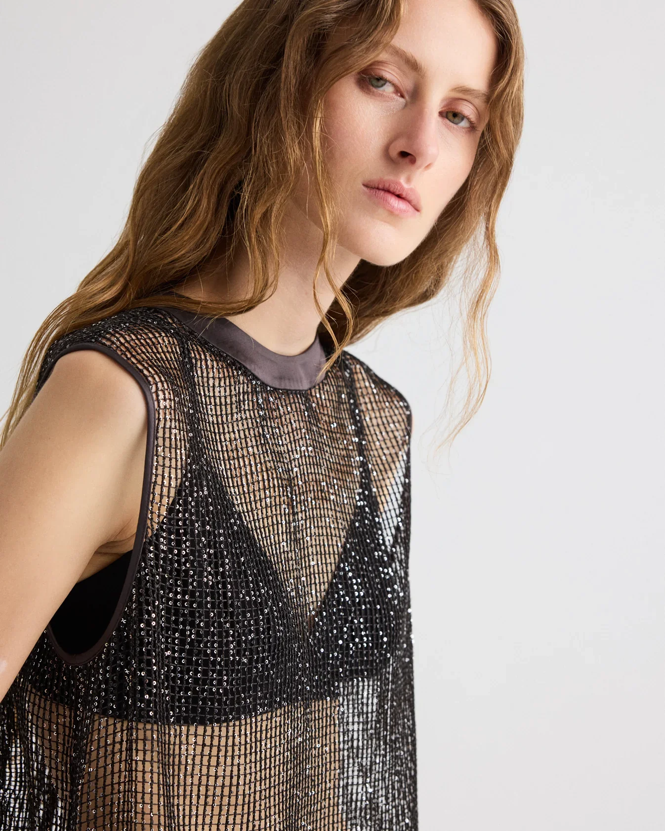 Short Muscle Tank in Mini Sequin Netting - Image 4
