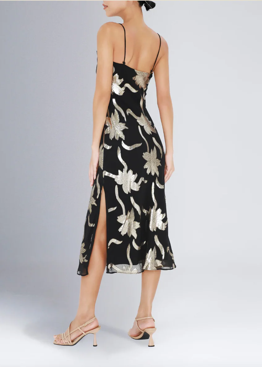 Classic Slip Dress in Black with Gold Flowers - Image 2