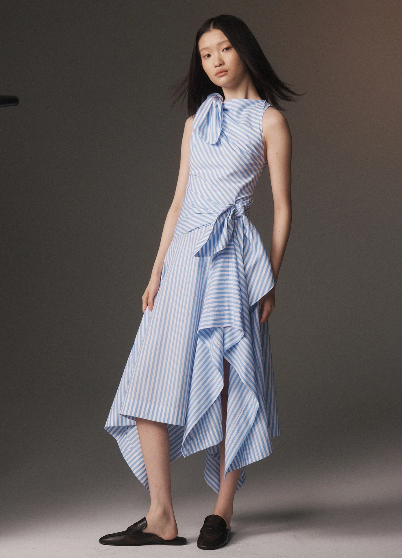 Bow Drape Shirting Cascade Dress - Image 2