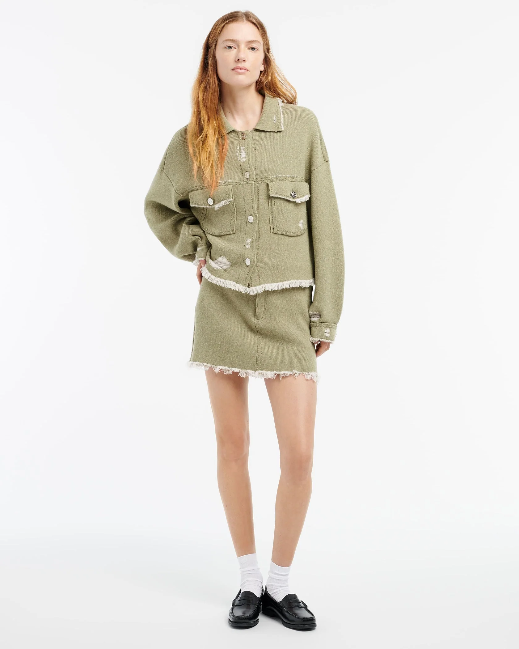 Denim Fringed Jacket Green - Image 2