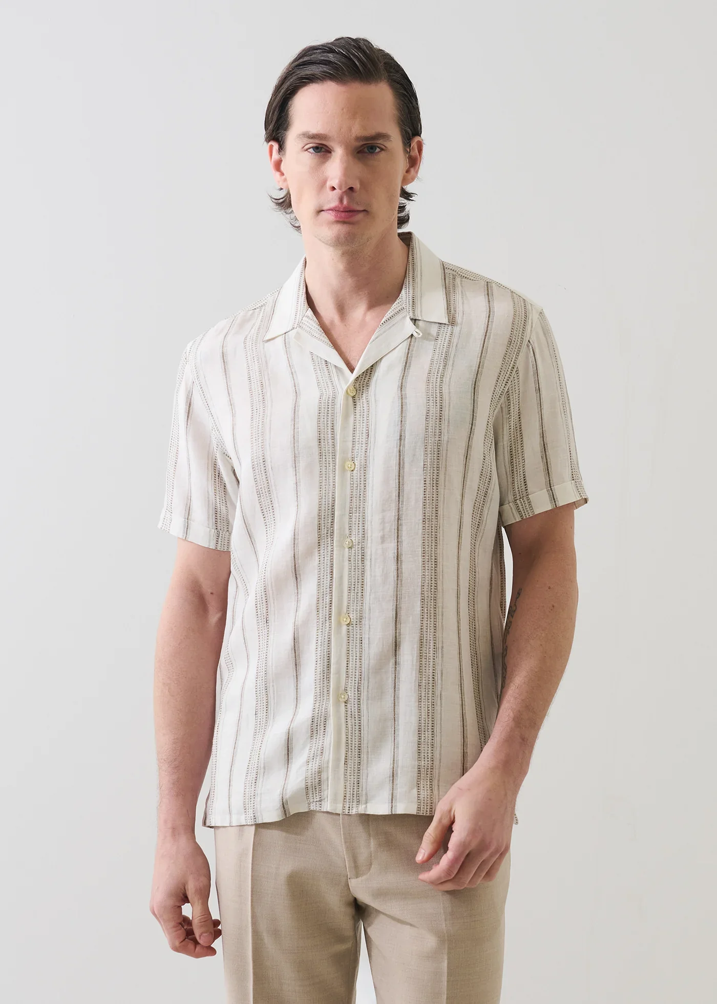 Dobby Stripe Linen Camp Collar Shirt - Image 3