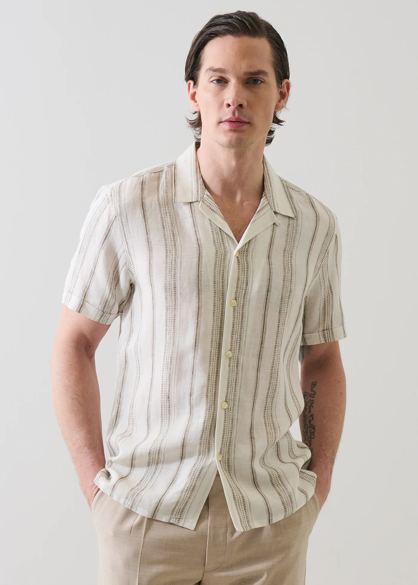Dobby Stripe Linen Camp Collar Shirt - Image 4