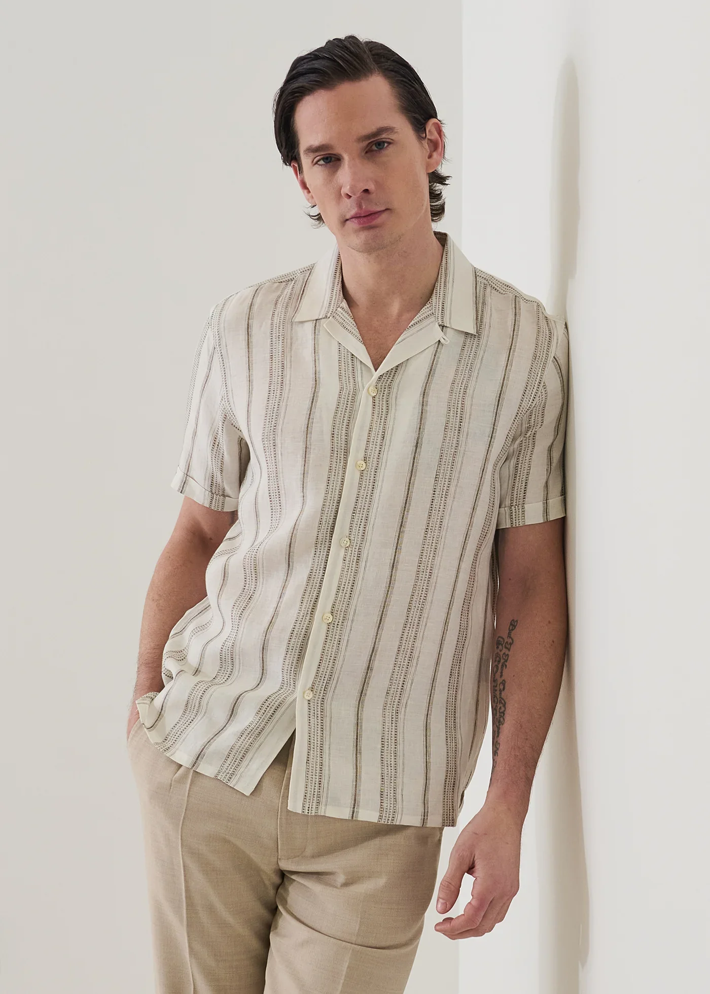 Dobby Stripe Linen Camp Collar Shirt - Image 6