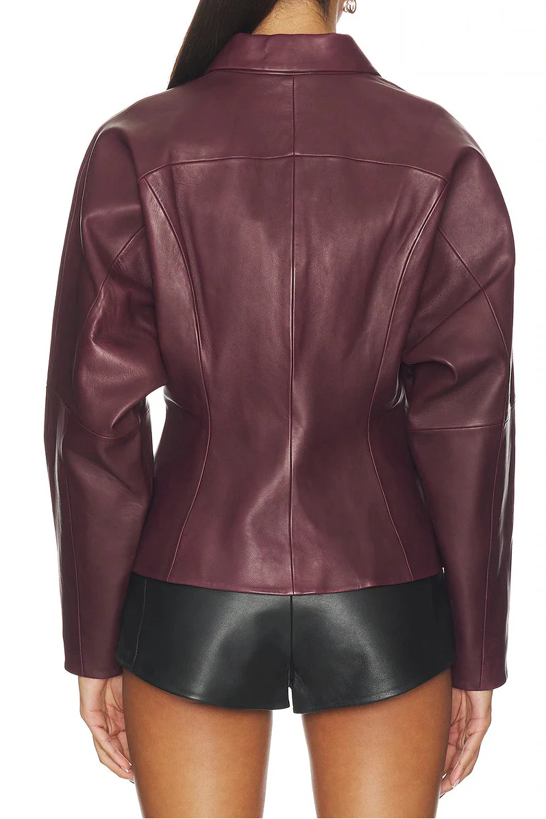 Fitted Leather Jacket Merlot - Image 3