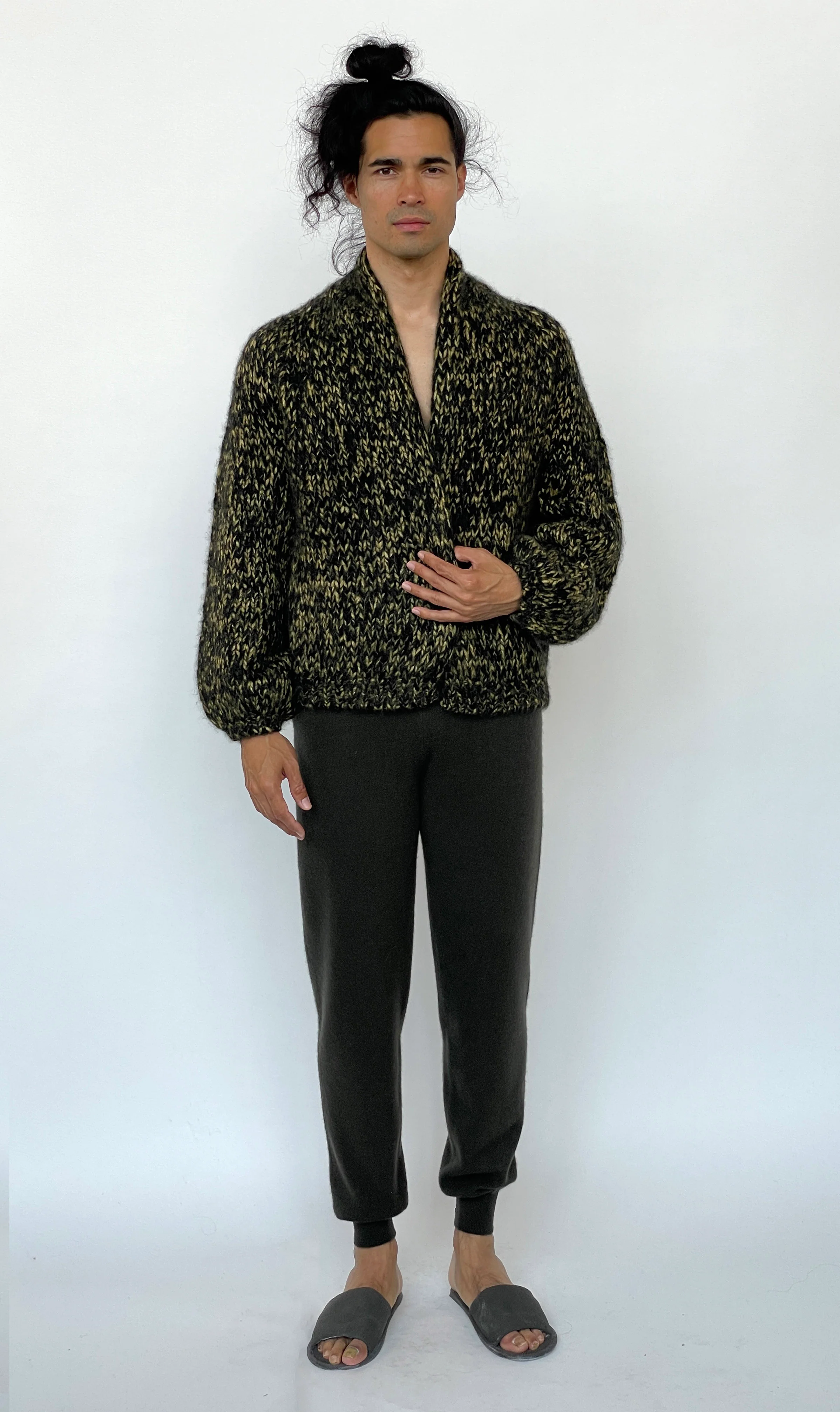 Hand Knit Cardigan Ochre Marl - Image 3