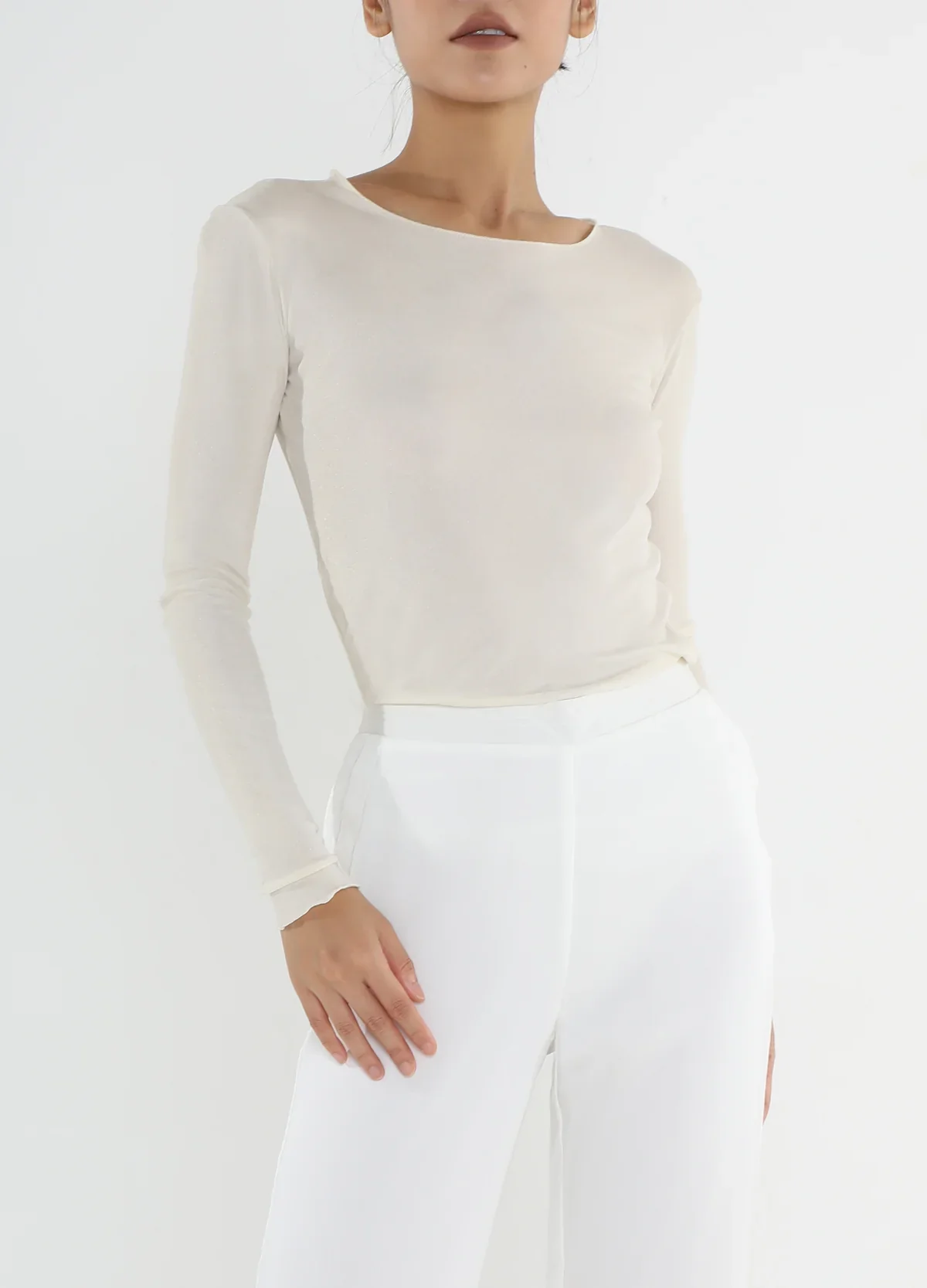 Knit Silk Roundneck L/S T shirt White - Image 2