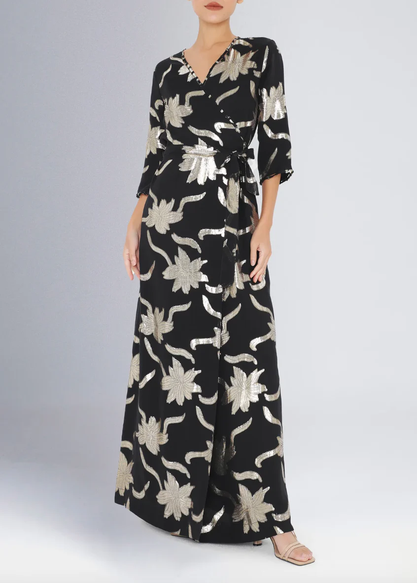 Long Faye Wrap Dress in Black-Gold Flowers - Image 2