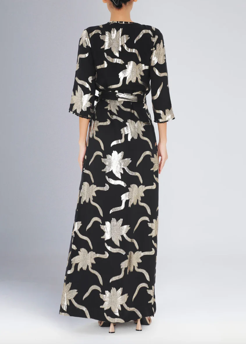 Long Faye Wrap Dress in Black-Gold Flowers - Image 3