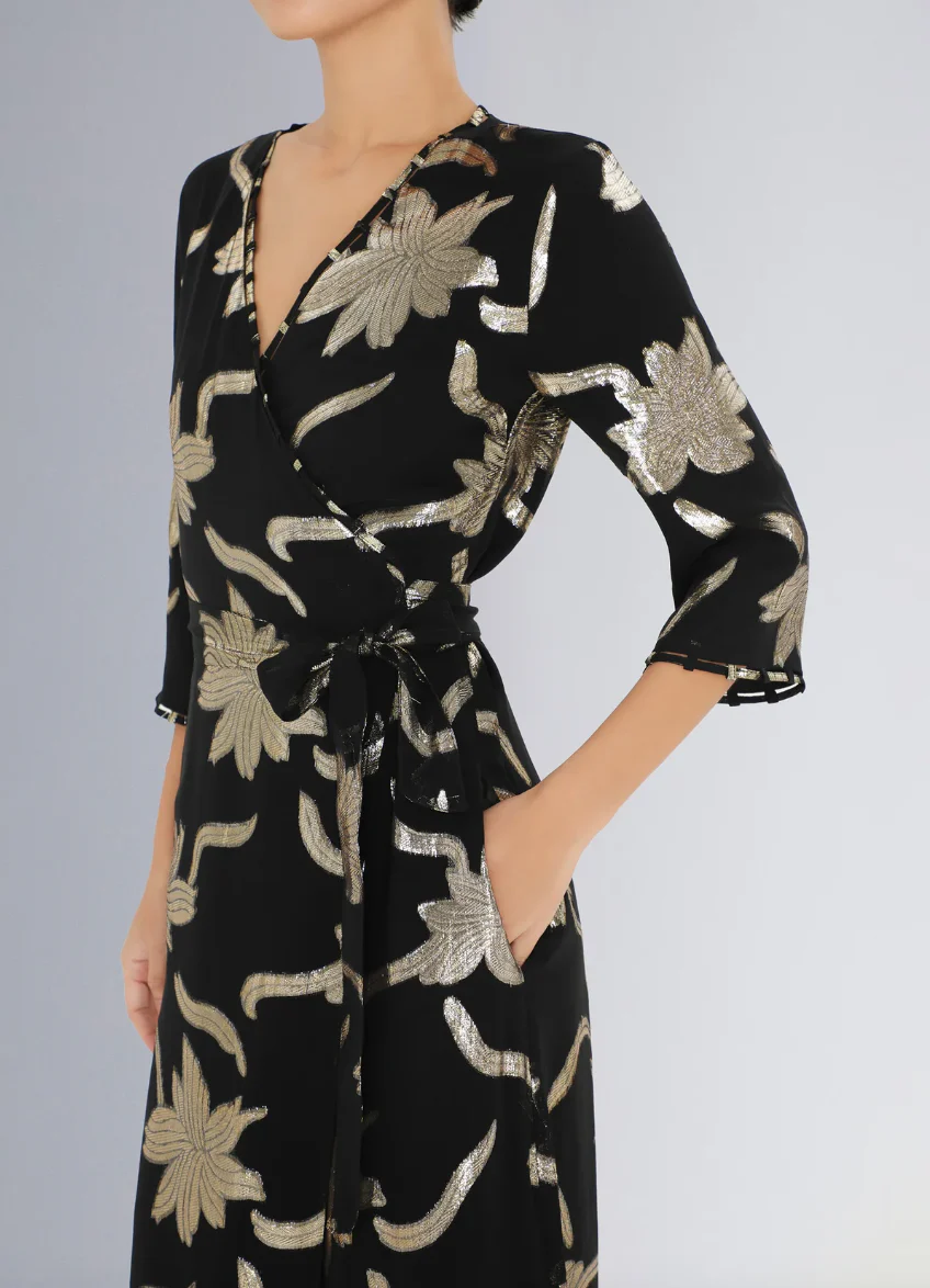 Long Faye Wrap Dress in Black-Gold Flowers - Image 4