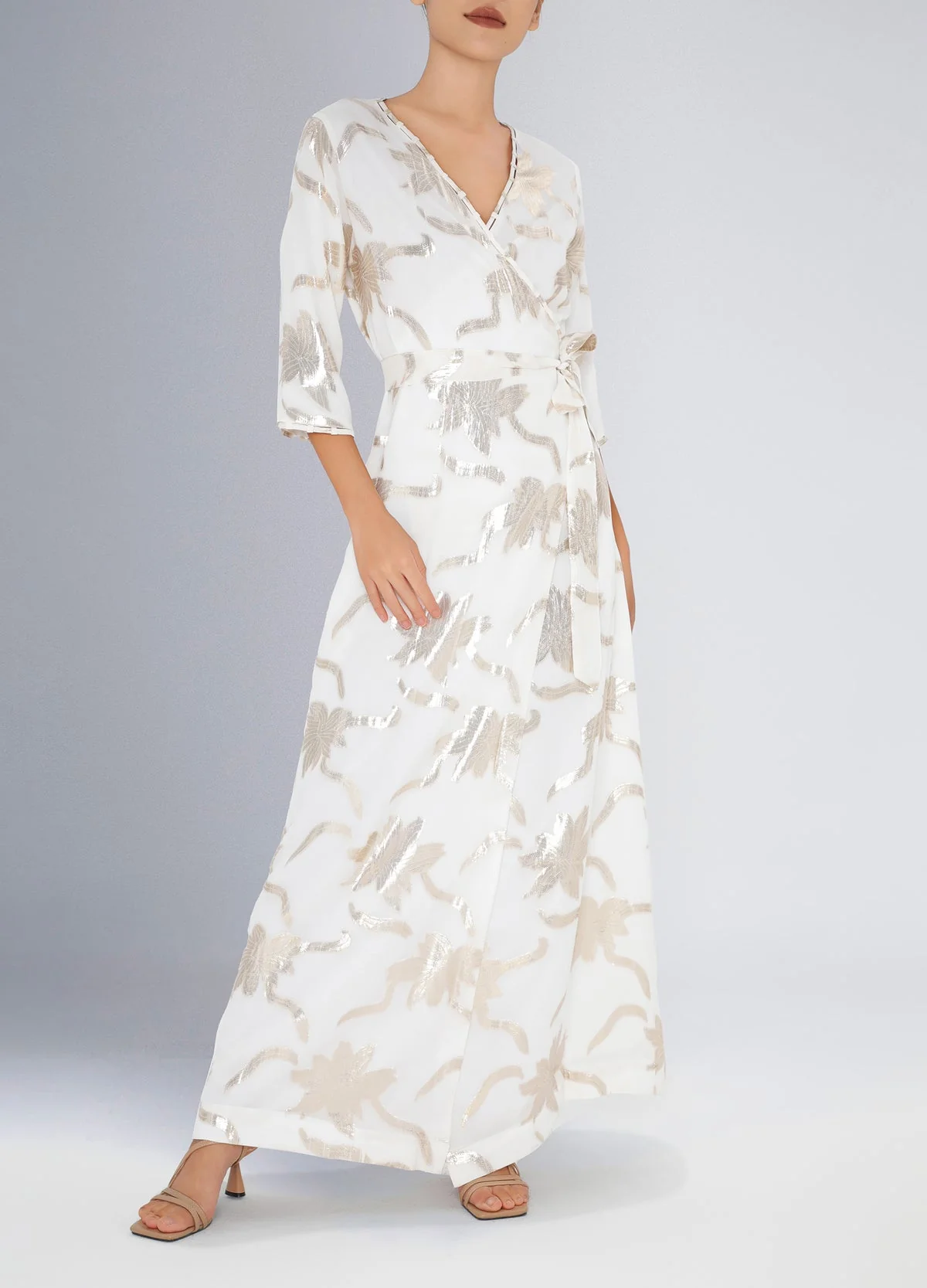 Long Faye Wrap Dress in White-Gold Flowers - Image 2