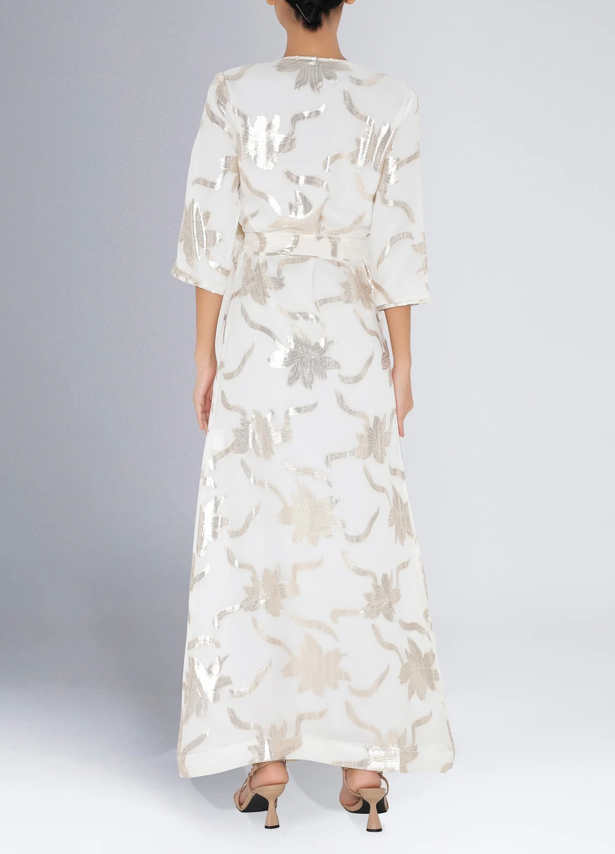 Long Faye Wrap Dress in White-Gold Flowers - Image 3