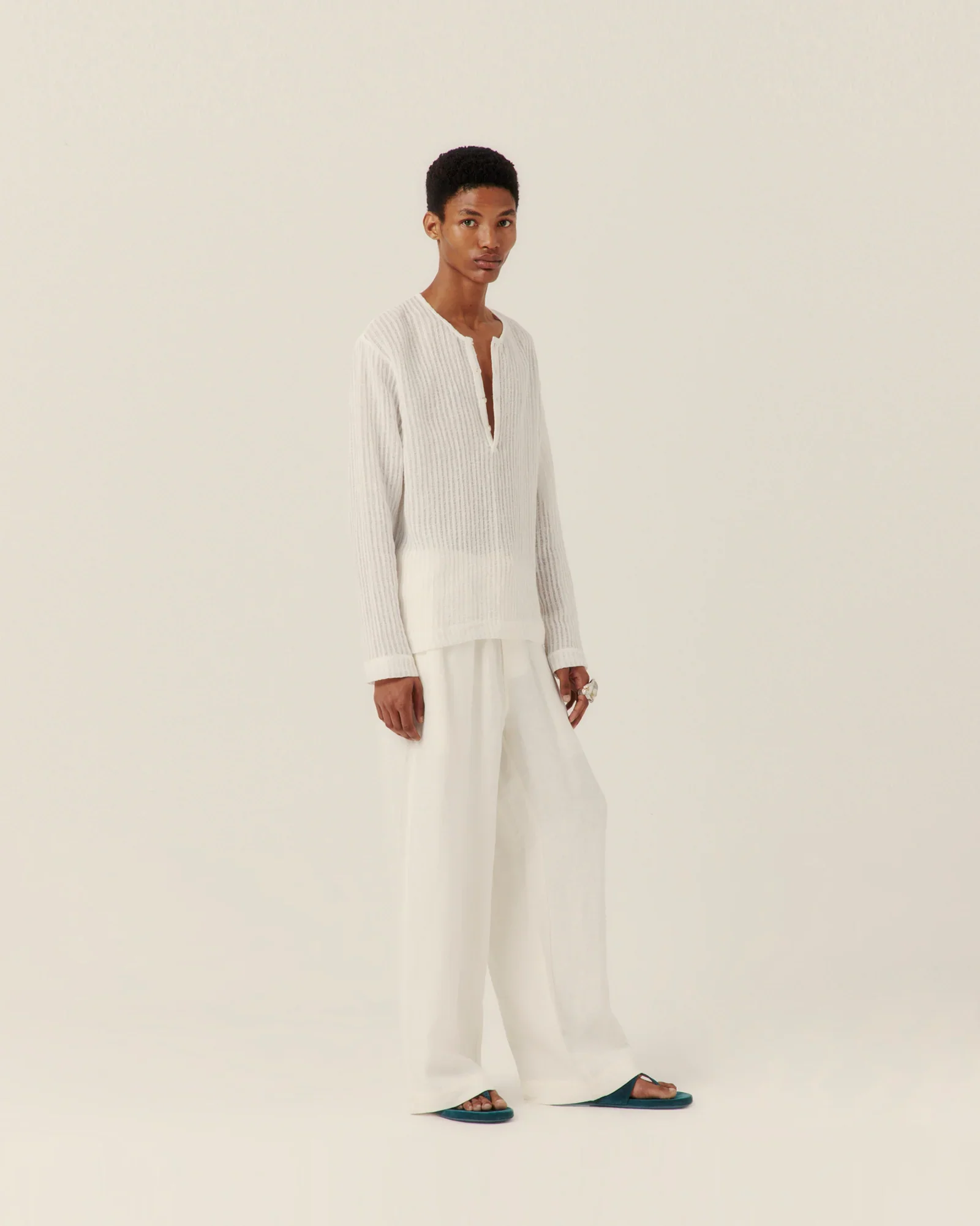 Sheer Stripe Linen Woven Henley - Image 2
