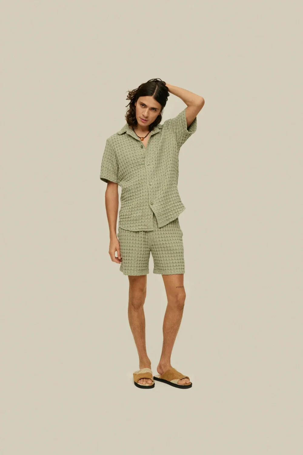 Dusty Green Porto Waffle Shorts - Image 2