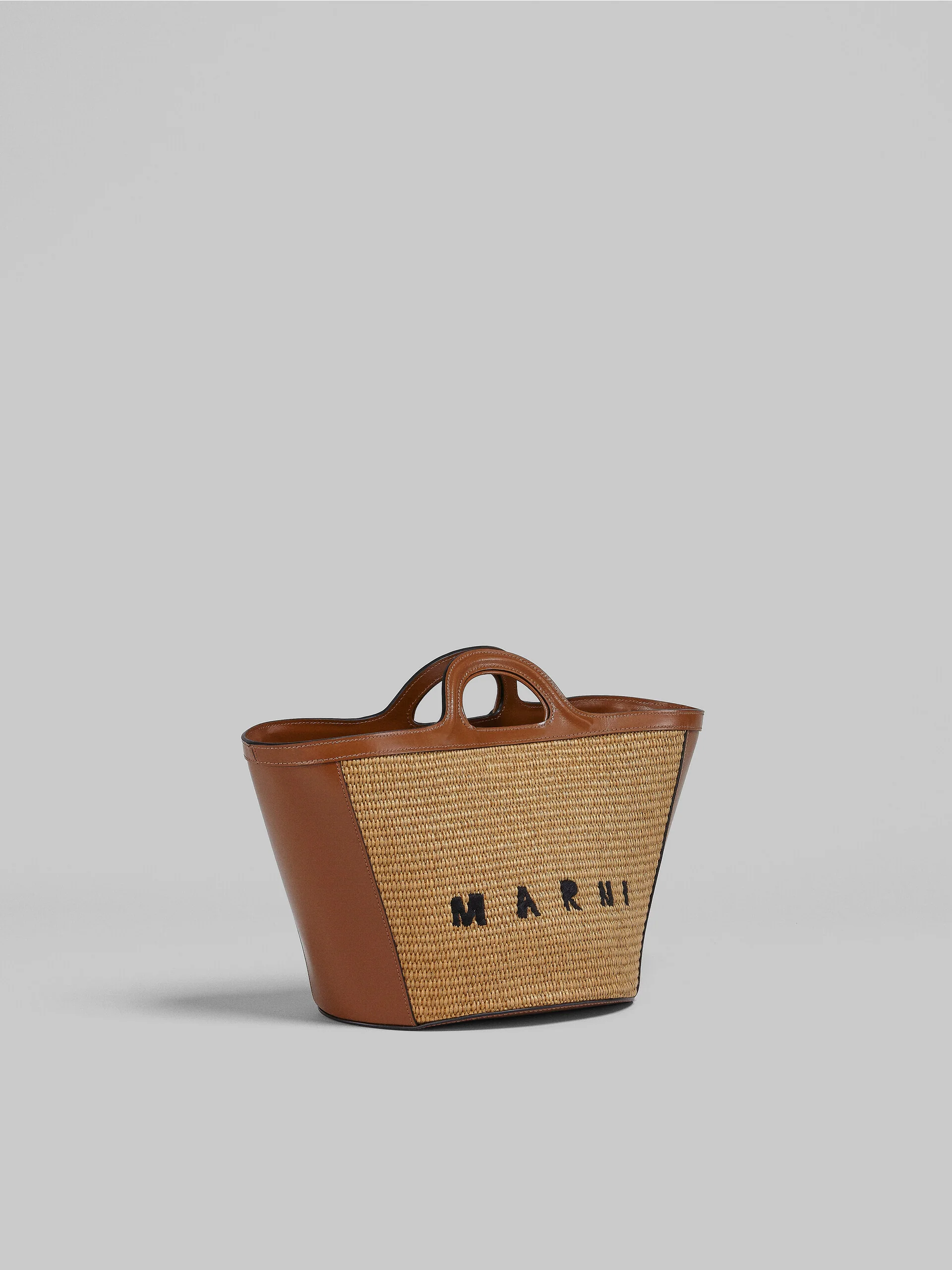 Tropicalia Small Bag in brown leather and raffia-effect fabric - Image 3