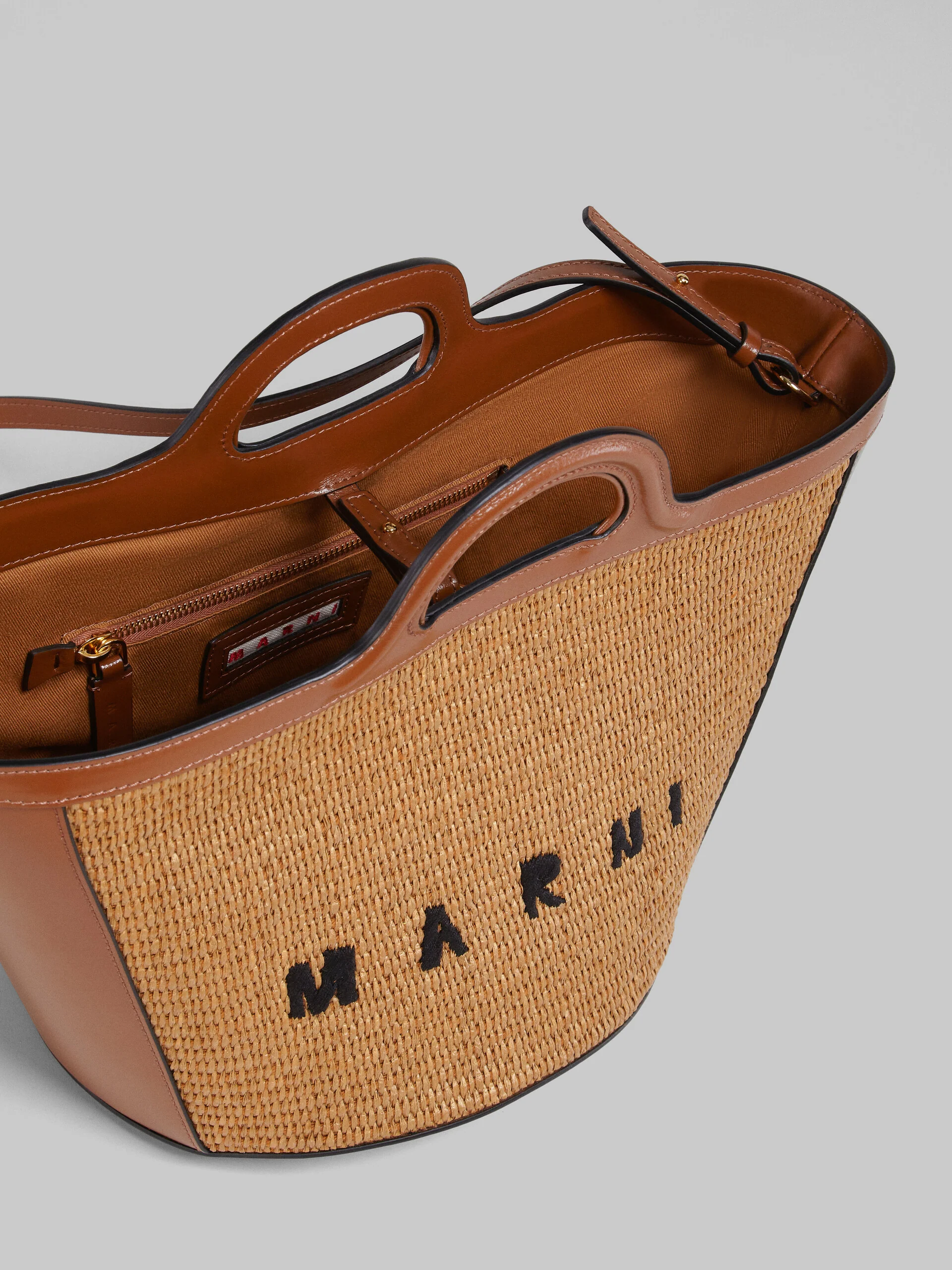 Tropicalia Small Bag in brown leather and raffia-effect fabric - Image 5