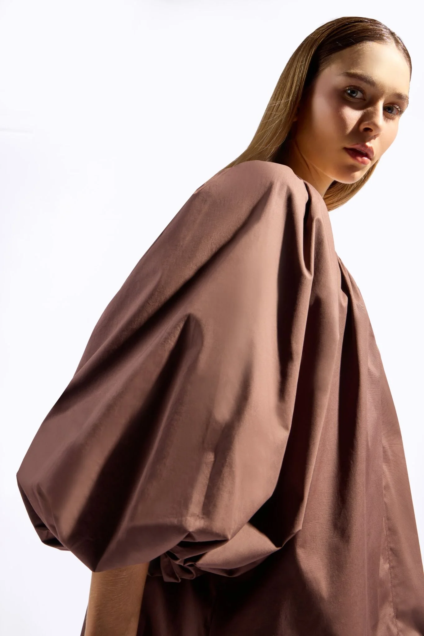 Solid Puff Sleeve Brown Mini Dress - Image 3