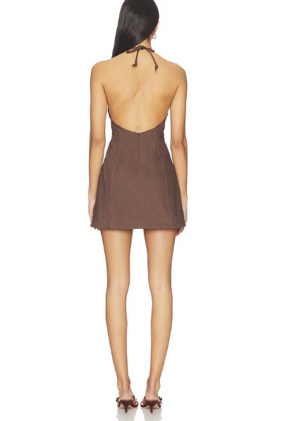 Tie Halter Chocolate Denim Mini Dress - Image 2