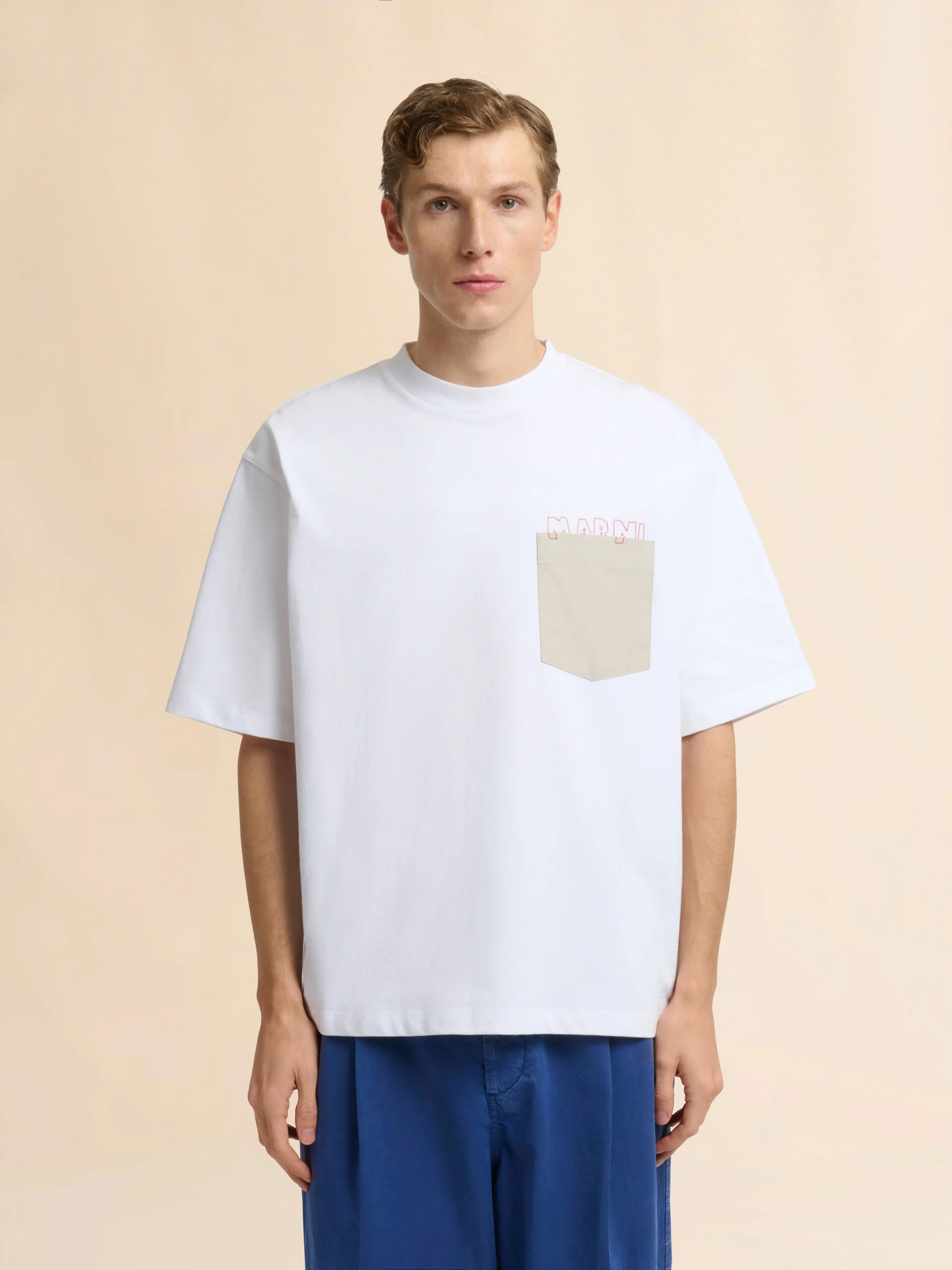 White Cotton T-Shirt with Contrast Pocket - Image 2