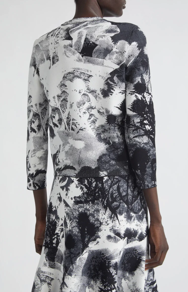 Women's Floral Jacquard Cardigan Ivory-Black - Image 3